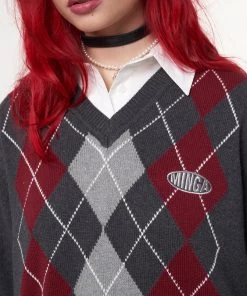 Minga London Clothing Division Grey Black Red Argyle Knitted Jumper