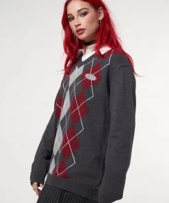 Minga London Clothing Division Grey Black Red Argyle Knitted Jumper