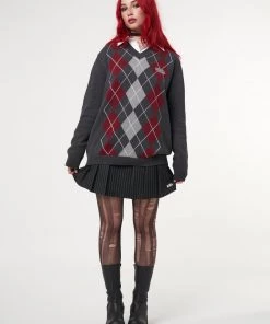 Minga London Clothing Division Grey Black Red Argyle Knitted Jumper