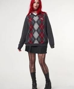 Minga London Clothing Division Grey Black Red Argyle Knitted Jumper