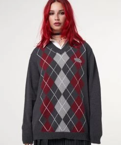Minga London Clothing Division Grey Black Red Argyle Knitted Jumper