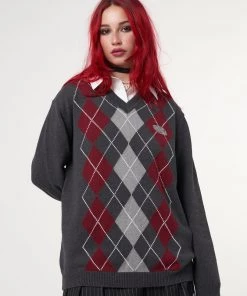 Minga London Clothing Division Grey Black Red Argyle Knitted Jumper