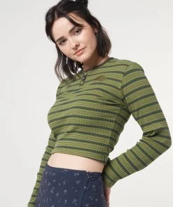 Minga London Emerald Striped Rib Half Button Top Clothing