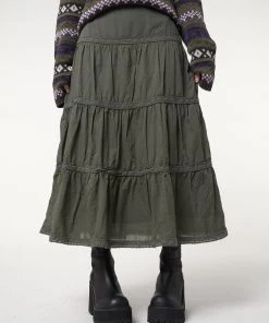 Minga London Foggy Green Ruffle Lace Maxi Skirt