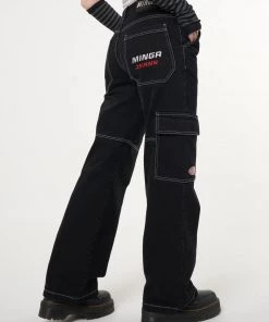 Minga London Jet Black Y2K Contrast Stitch Cargo Pants