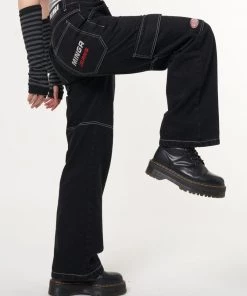 Minga London Jet Black Y2K Contrast Stitch Cargo Pants
