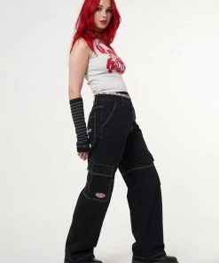 Minga London Jet Black Y2K Contrast Stitch Cargo Pants