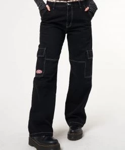 Minga London Jet Black Y2K Contrast Stitch Cargo Pants