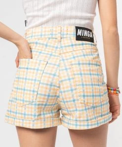 Minga London Joy Check Denim Mom Shorts