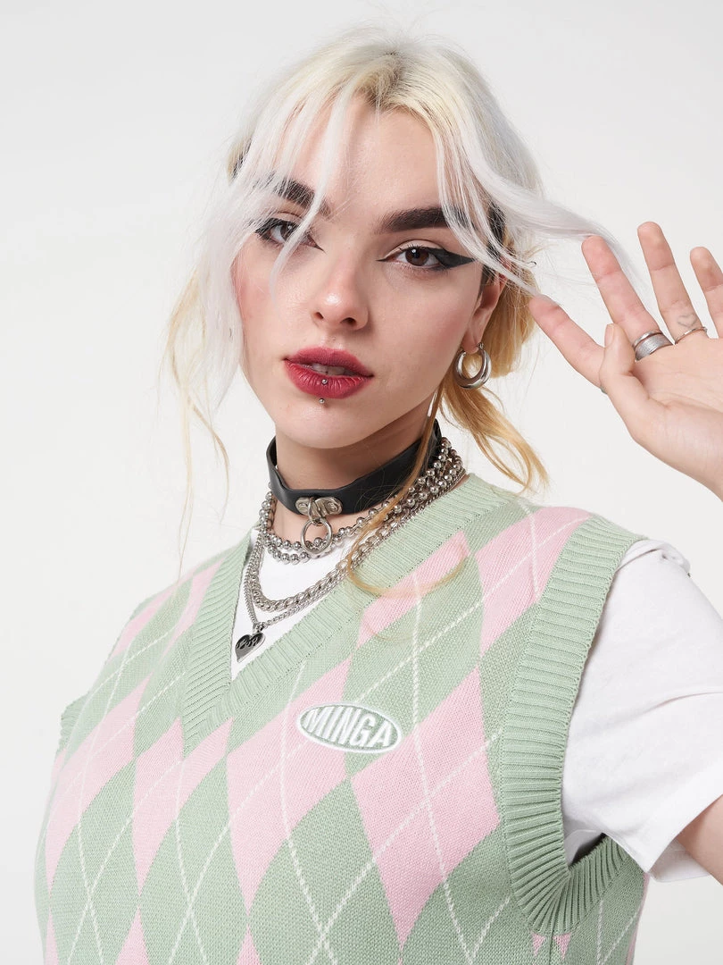 Minga London Milkshake Argyle Knitted Sweater Vest Clothing