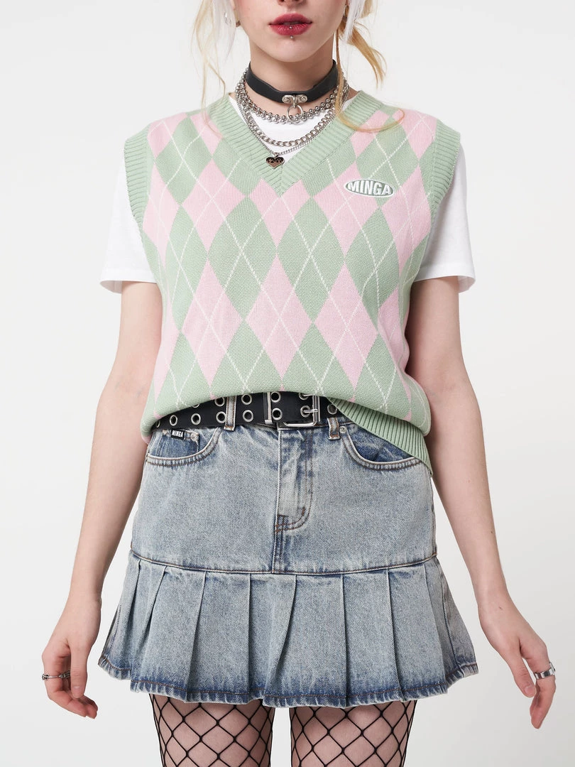 Minga London Milkshake Argyle Knitted Sweater Vest Clothing