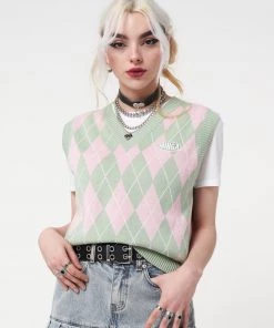 Minga London Milkshake Argyle Knitted Sweater Vest Clothing