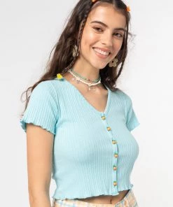 Minga London Clothing Blue Mist Ruffle Button-Down Top