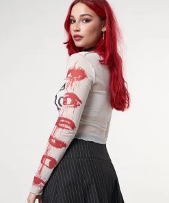 Minga London Stained Eyes Graphic Mesh Crop Top