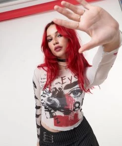 Minga London Stained Eyes Graphic Mesh Crop Top