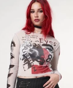 Minga London Stained Eyes Graphic Mesh Crop Top