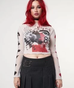 Minga London Stained Eyes Graphic Mesh Crop Top