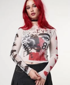 Minga London Stained Eyes Graphic Mesh Crop Top
