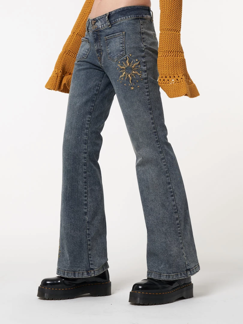 Minga London Most Wanted Stella Front Pocket Embroidered Flare Jeans