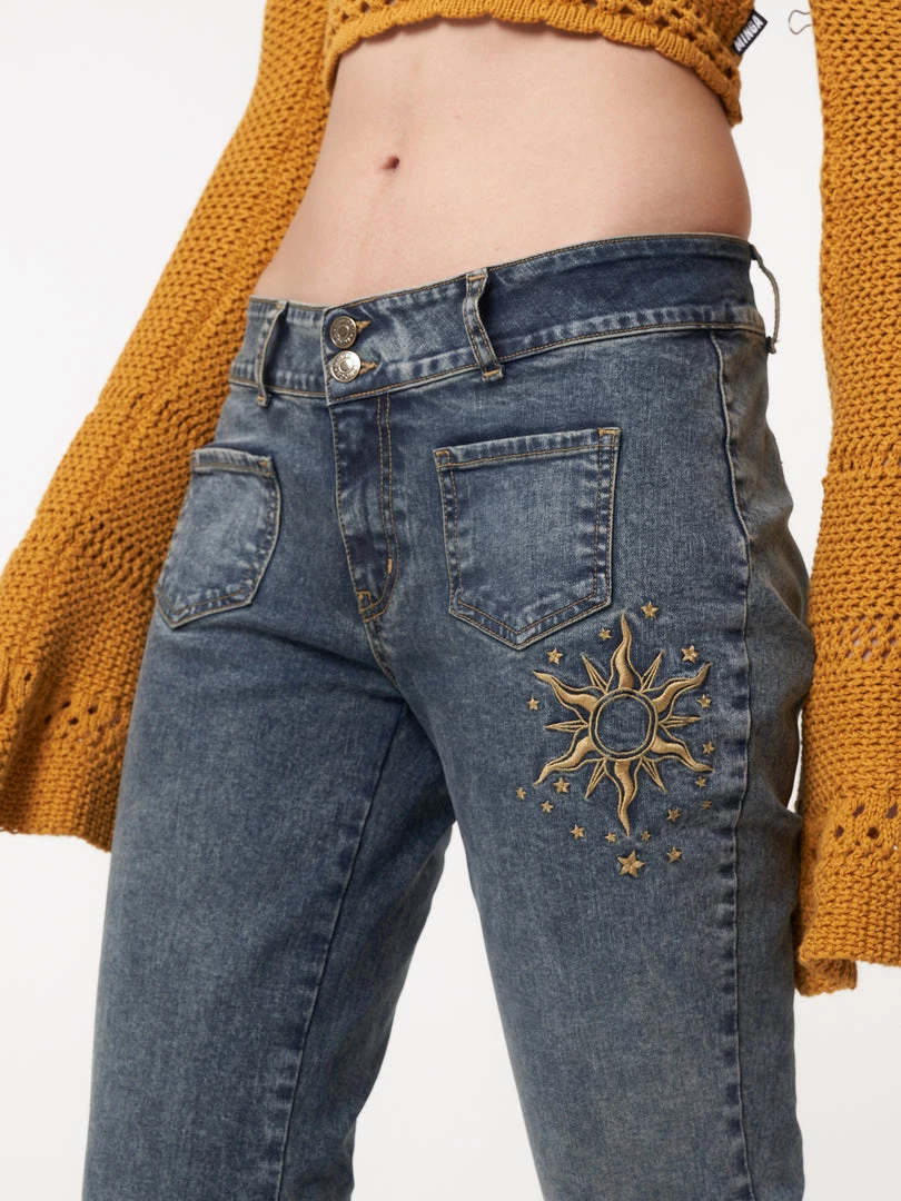 Minga London Most Wanted Stella Front Pocket Embroidered Flare Jeans