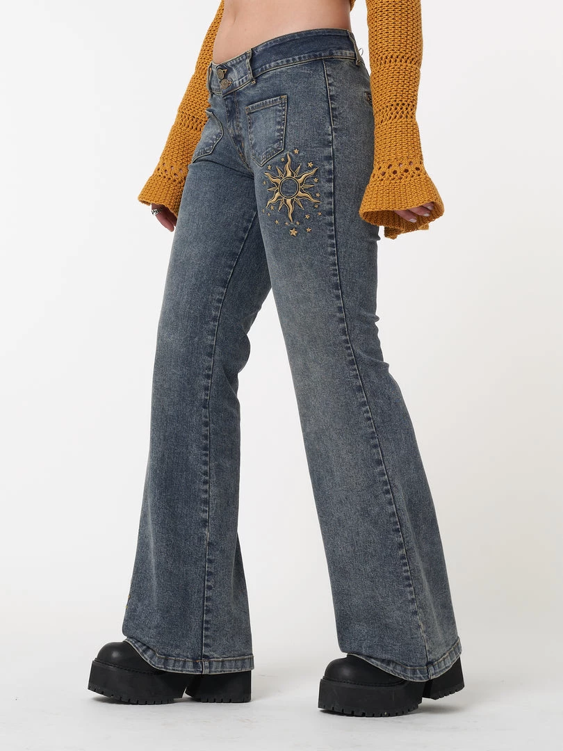 Minga London Most Wanted Stella Front Pocket Embroidered Flare Jeans