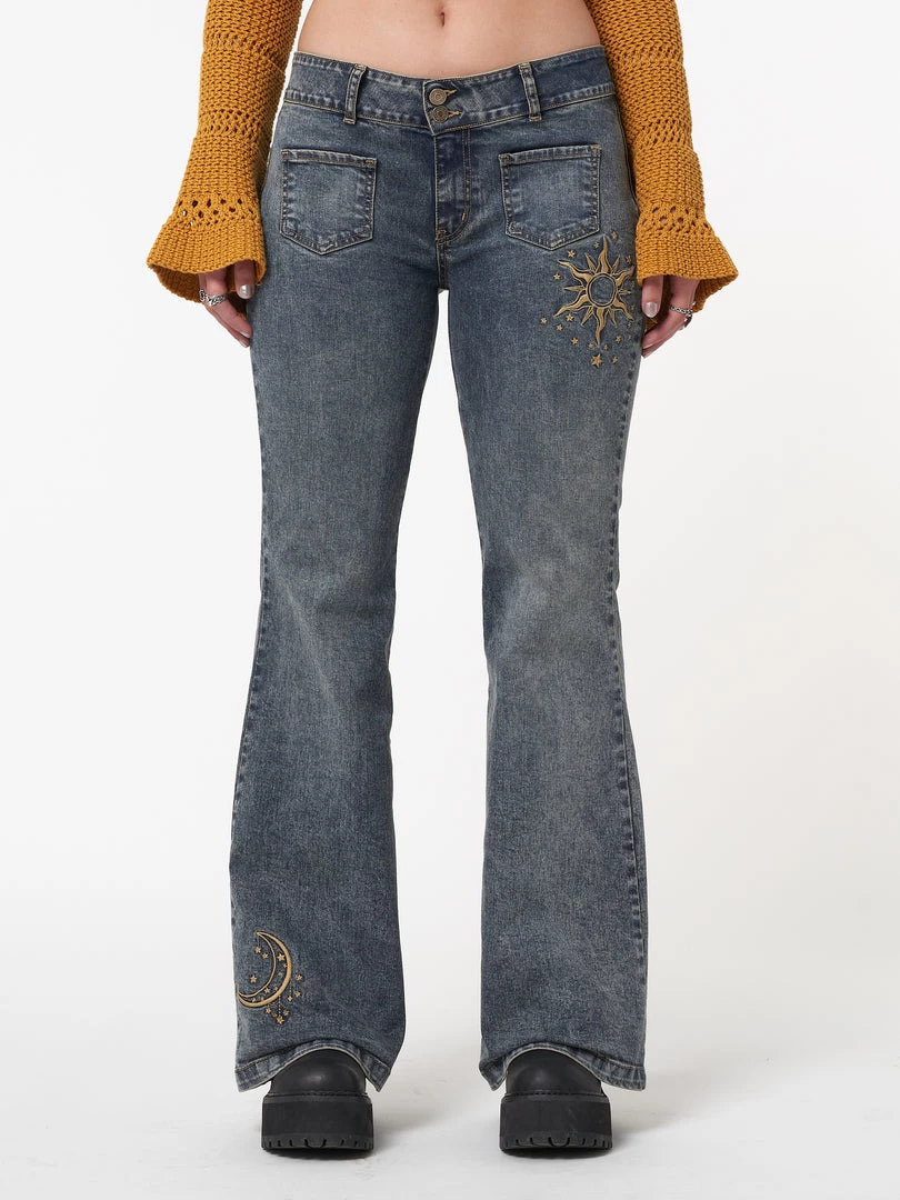Minga London Most Wanted Stella Front Pocket Embroidered Flare Jeans