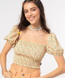 Minga London Fresh Oranges Shirred Puff Sleeve Top