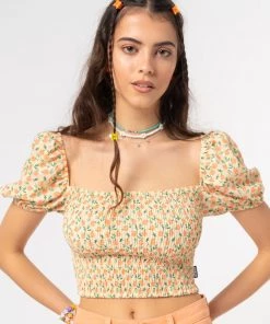 Minga London Fresh Oranges Shirred Puff Sleeve Top