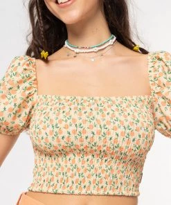 Minga London Fresh Oranges Shirred Puff Sleeve Top