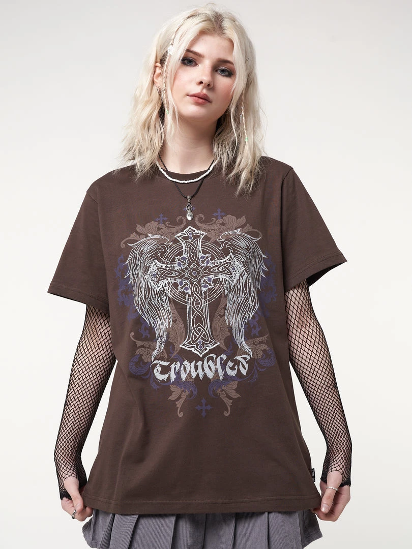 Minga London Winged Cross Brown T-shirt