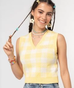 Minga London Clothing Yellow Check Knitted Sweater Vest