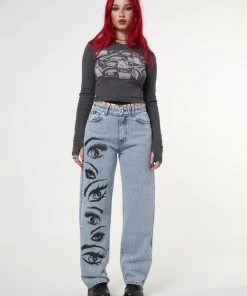 Minga London Most Wanted Yin Yang Eyes Printed Loose Fit Straight Leg Jeans