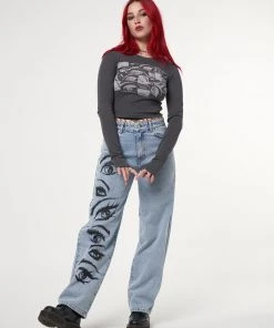 Minga London Most Wanted Yin Yang Eyes Printed Loose Fit Straight Leg Jeans