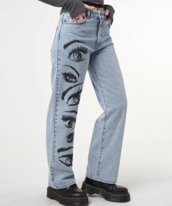 Minga London Most Wanted Yin Yang Eyes Printed Loose Fit Straight Leg Jeans