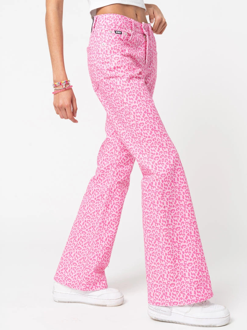 Minga London Clothing Pink Leopard Flare Jeans