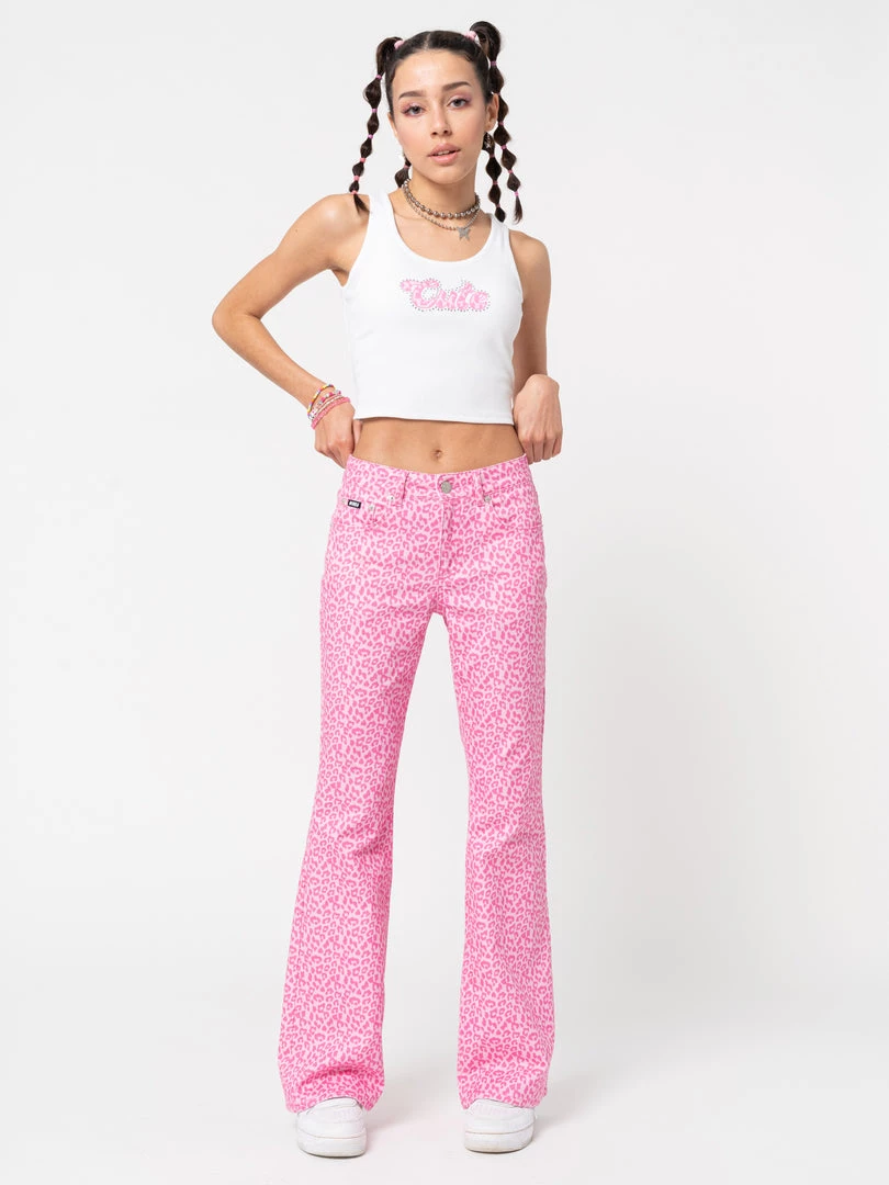 Minga London Clothing Pink Leopard Flare Jeans