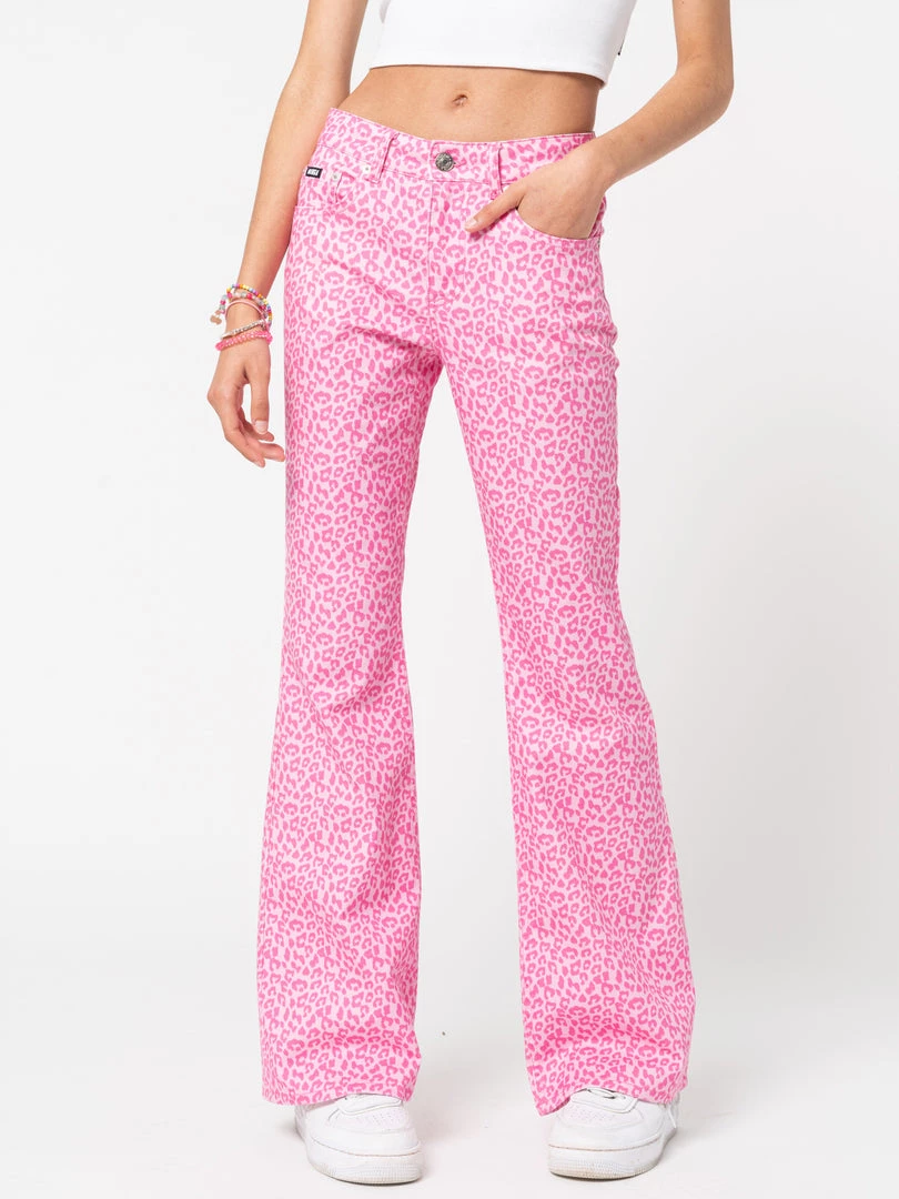 Minga London Clothing Pink Leopard Flare Jeans