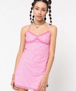 Minga London Pink Leopard Lace Trim Cami Dress