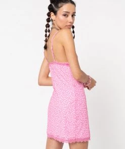 Minga London Pink Leopard Lace Trim Cami Dress