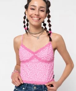 Minga London Pink Leopard Lace Trim Cami Top Clothing