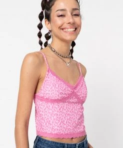Minga London Pink Leopard Lace Trim Cami Top Clothing