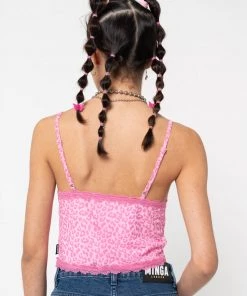 Minga London Pink Leopard Lace Trim Cami Top Clothing