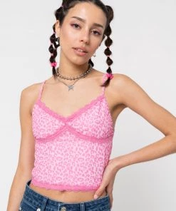 Minga London Pink Leopard Lace Trim Cami Top Clothing