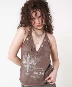 Minga London Tracy Eyelet Brown Halter Top Clothing